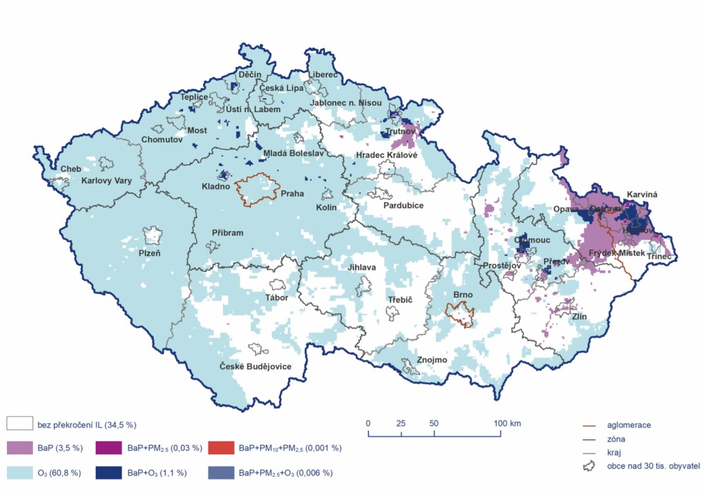 Mapa ročních koncentrací na území ČR za 2020 rok.